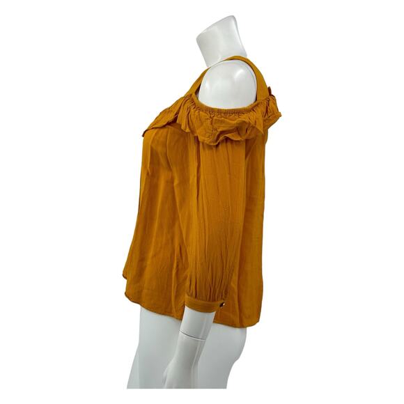 Maeve Anthropologie Top Women 2 Brearly Cold Shoulder Marigold 3/4 Sleeve Ruffle - Picture 4 of 9
